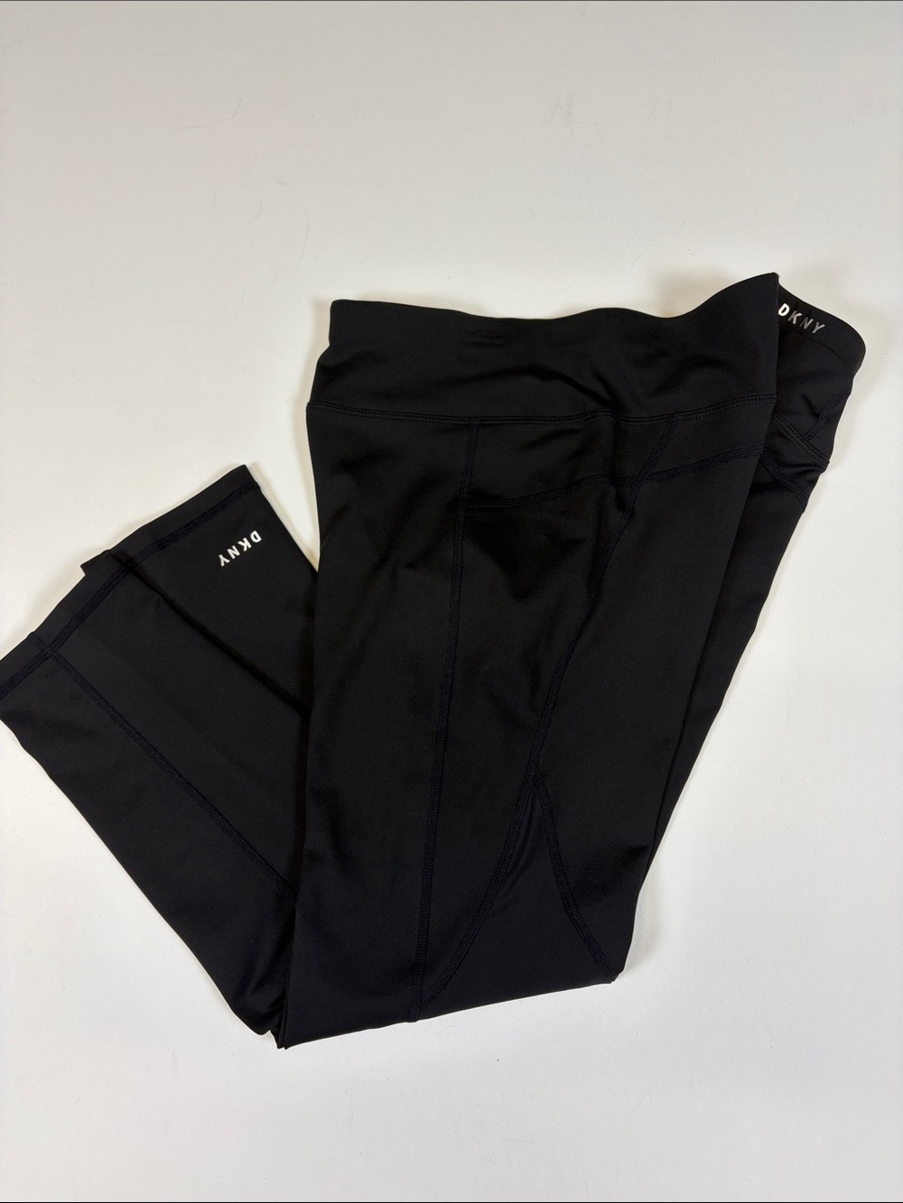 DKNY SPORT BLACK HIGH RISE CROP LEGGINGS SIDE MESH POCKETS WOMENS LARGE - Picture 7 of 7